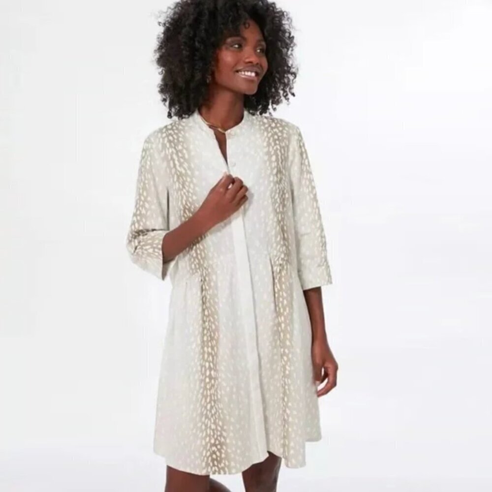 Tuckernuck Antelope Royal Cotton Shirt Dress 3/4 Sleeve Relaxed Fit Cream, sz M
